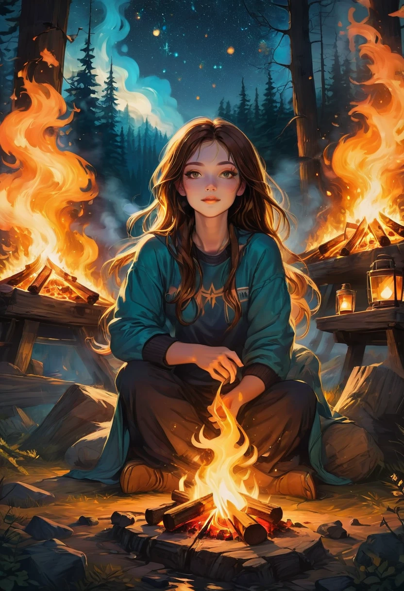 1girl, Campfire, aesthetic, (blazing campfire,crackling flames,majestic bonfire),(best quality,ultra-detailed,realistic:1.37),warm golden glow,vivid colors,wooden logs,burning embers,flickering light,dancing shadows,smoke rising from the fire,sparkling sparks,starlit night sky,camping under the stars,campfire tales,cozy atmosphere,nature's embrace,peaceful setting,crisp air,roasting marshmallows,shadowy figures by the fire,nighttime serenity