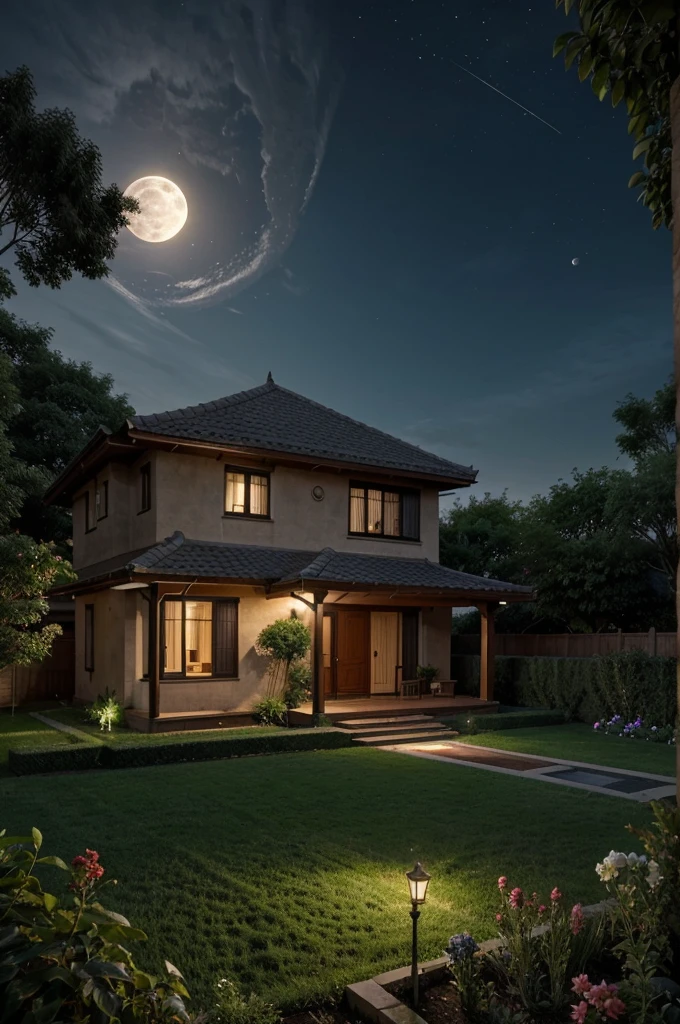 A house and a garden surrounding it at night time and a full moon at the dark sky