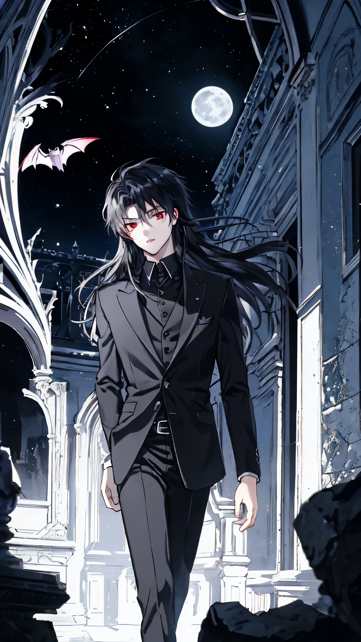 (best quality), masterpiece,Ultra Detailed,1man，Masculinity，a black-haired，Long hair，Red Eyes，vampire，Gorgeous dark atmosphere, Wear a black suit，Late Night, moon
