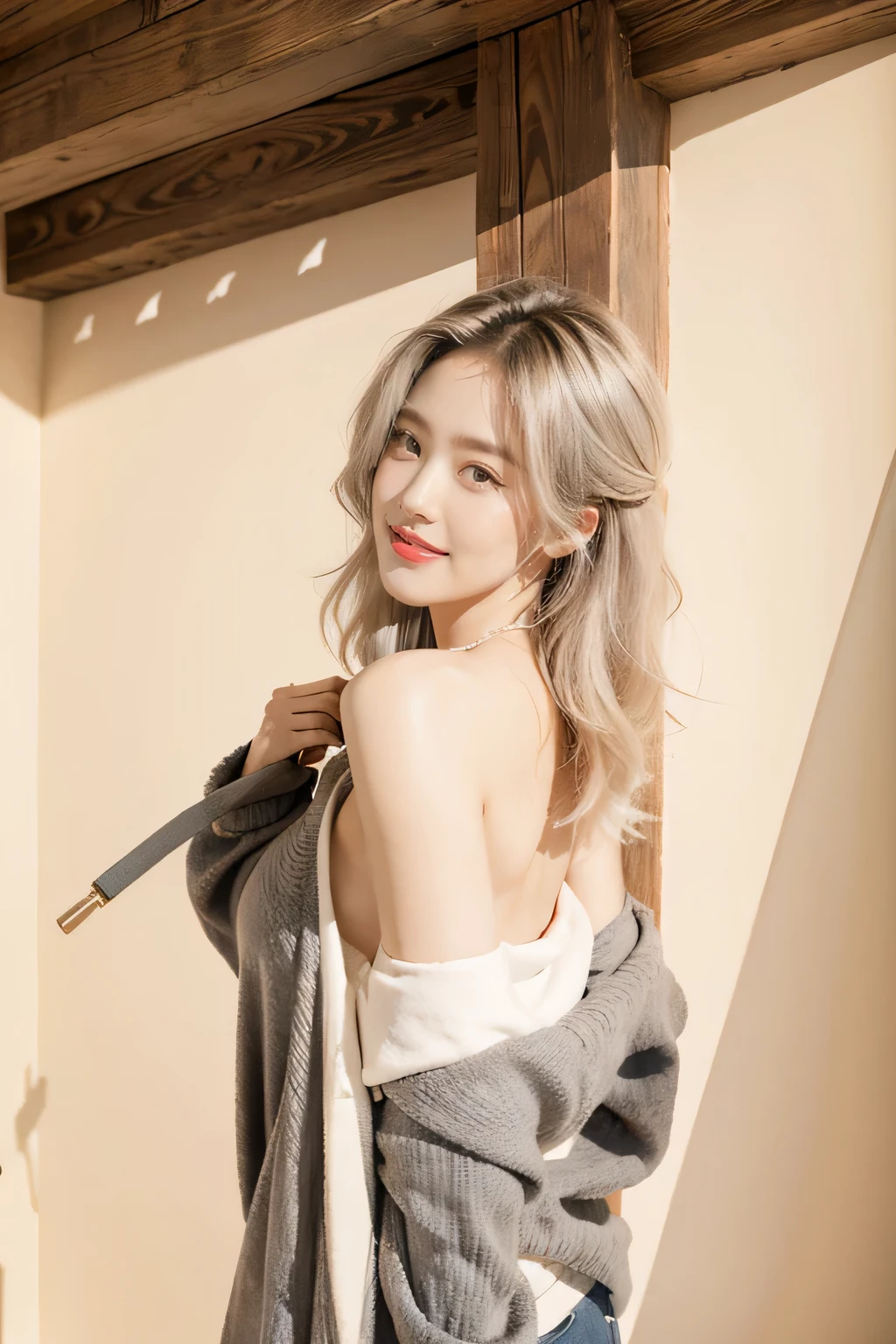 Highest image quality、Live shooting、ultra high resolution、21 year old Korean、small breasts、dynamic angle、cowboy shot、the most beautiful form chaos、elegant、brutalist design、vivid colors、beautiful white hair、short bob、smile、smile、shiny white skin、Beautiful eyes with random colors、Beautiful eyes in every detail、elongated eyes、thin lips、pale pink blush、long eyelashes、beautiful double eyelids、eye shadow、bright room、Big hoodie、hot pants、Taken from diagonally above、sexy pose, (lifelike, high - resolution:1.3), 1 girl with a perfect body, Super fine face and eyes,slong hair, Tank top of random colors:1.2, short jeans, big boob,Expose cleavage