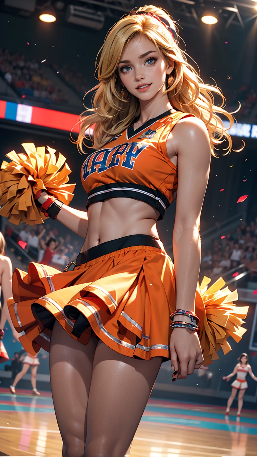 ((最high quality, 8K, masterpiece: 1.3, Ultra HD, high quality, 最high quality, High resolution, realism)) 、A 22-year-old extremely beautiful white woman、Hair color blonde、blue eyeedium Hair、Straight Hair、smile、Slender but well-proportioned body、Athlete-like body type、I want my head to stay off screen、Wearing accessories on the wrist、Put an anklet on your ankle、Wearing red nail polish、I have a peticure、Being a cheerleader、Holding pom-poms and waving both hands in the air, they dance the cheer dance