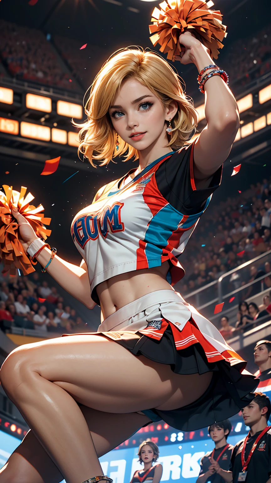 ((最high quality, 8K, masterpiece: 1.3, Ultra HD, high quality, 最high quality, High resolution, realism)) 、A 22-year-old extremely beautiful white woman、Hair color blonde、blue eyeedium Hair、Straight Hair、smile、Slender but well-proportioned body、Athlete-like body type、I want my head to stay off screen、Wearing accessories on the wrist、Put an anklet on your ankle、Wearing red nail polish、I have a peticure、Being a cheerleader、Holding pom-poms and waving both hands in the air, they dance the cheer dance