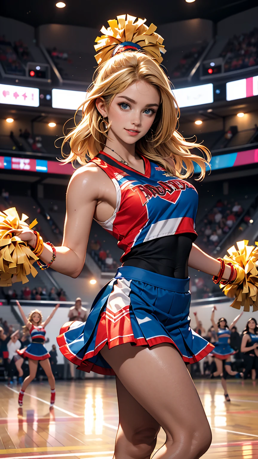 ((最high quality, 8K, masterpiece: 1.3, Ultra HD, high quality, 最high quality, High resolution, realism)) 、A 22-year-old extremely beautiful white woman、Hair color blonde、blue eyeedium Hair、Straight Hair、smile、Slender but well-proportioned body、Athlete-like body type、I want my head to stay off screen、Wearing accessories on the wrist、Put an anklet on your ankle、Wearing red nail polish、I have a peticure、Being a cheerleader、Holding pom-poms and waving both hands in the air, they dance the cheer dance、looks fun、Lively、View your viewers