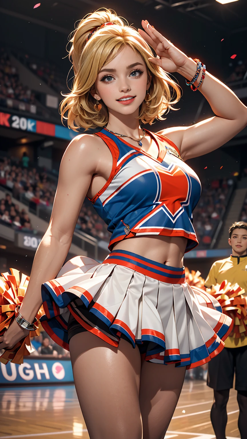 ((最high quality, 8K, masterpiece: 1.3, Ultra HD, high quality, 最high quality, High resolution, realism)) 、A 22-year-old extremely beautiful white woman、Hair color blonde、blue eyeedium Hair、Straight Hair、smile、Slender but well-proportioned body、Athlete-like body type、I want my head to stay off screen、Wearing accessories on the wrist、Put an anklet on your ankle、Wearing red nail polish、I have a peticure、Being a cheerleader、Holding pom-poms and waving both hands in the air, they dance the cheer dance