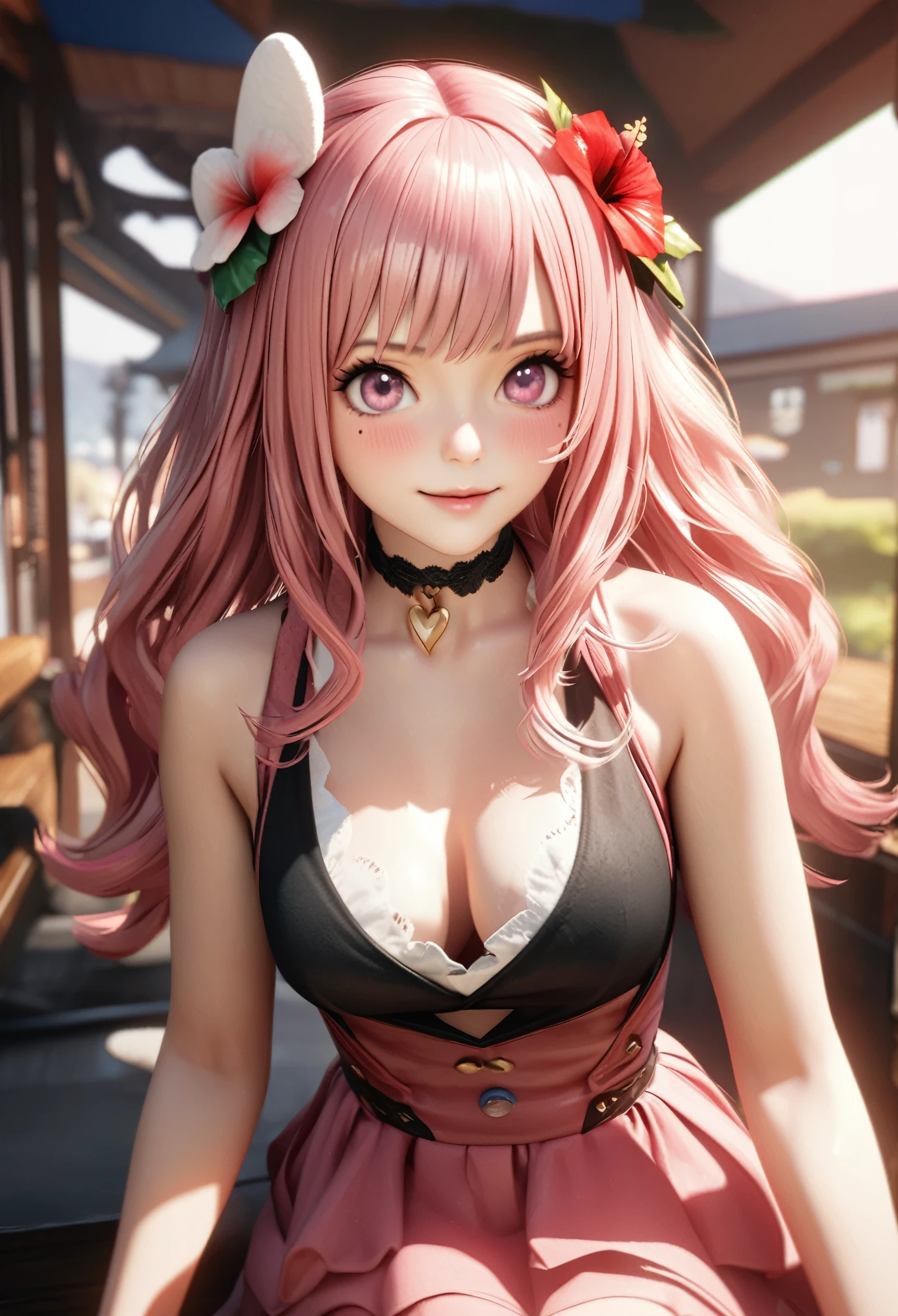 masterpiece, highest quality, Very detailed, High resolution, Expensive resolution, High resolution, 4K, 8k, unity 8k wallpaper, Very detailed CG, masterpiece, Realistic, 2D, 3D, Beautiful details, depth, Fine texture, highest quality: 1.3, Total concentration, Crisp skin, he, Very cute anime rabbit, A cute rabbit like an idol, expensive pink long hair, One Girl, Aloha One Piece, morning, morning食, Hibiscus Hair Accessories, Smiling long pink hair, whole body, Mole under the eye, Line Sight, expensive, blush, Lips parted, heart, Pink Eyes, choker