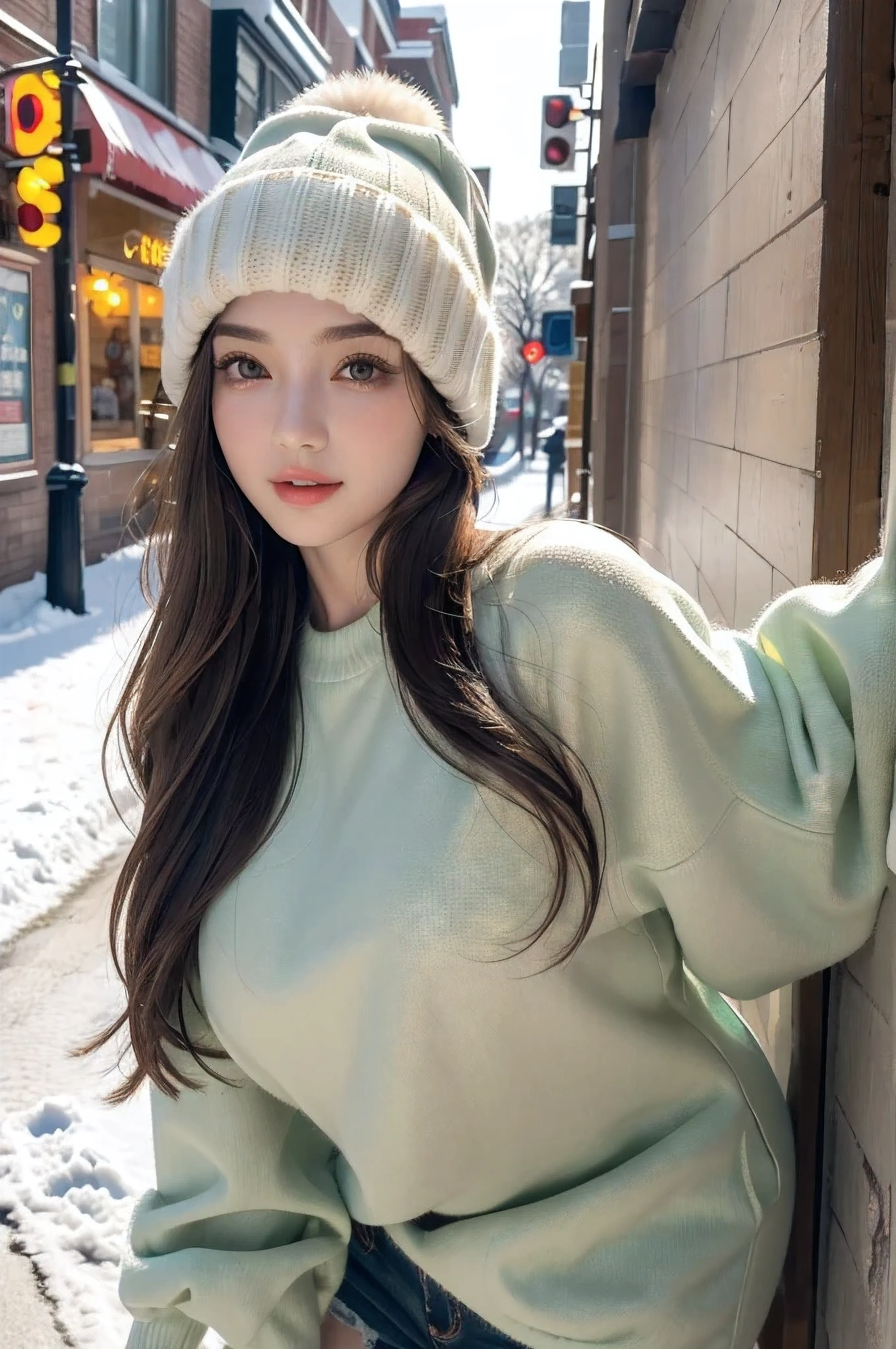 (best quality,highres,ultra-detailed),(realistic:1.37),portrait,painting,(oil painting:1.2),individual,young girl,23 years old,brown eyes,beautiful detailed eyes,beautiful detailed lips,extremely detailed eyes and face,long eyelashes,wavy brown hair,fine hair detailed,full figure,tall and slender body,confident pose,long hair tied up,short hair details,green winter clothing,stylish and fashionable outfit,wearing a trendy winter hat,model,standing on a snowy street,holding a snack in her hand,expressive and engaging eyes,alluring smile,sexy breasts,feminine curves,random photo pose,vivid colors,soft and warm lighting,cozy winter atmosphere