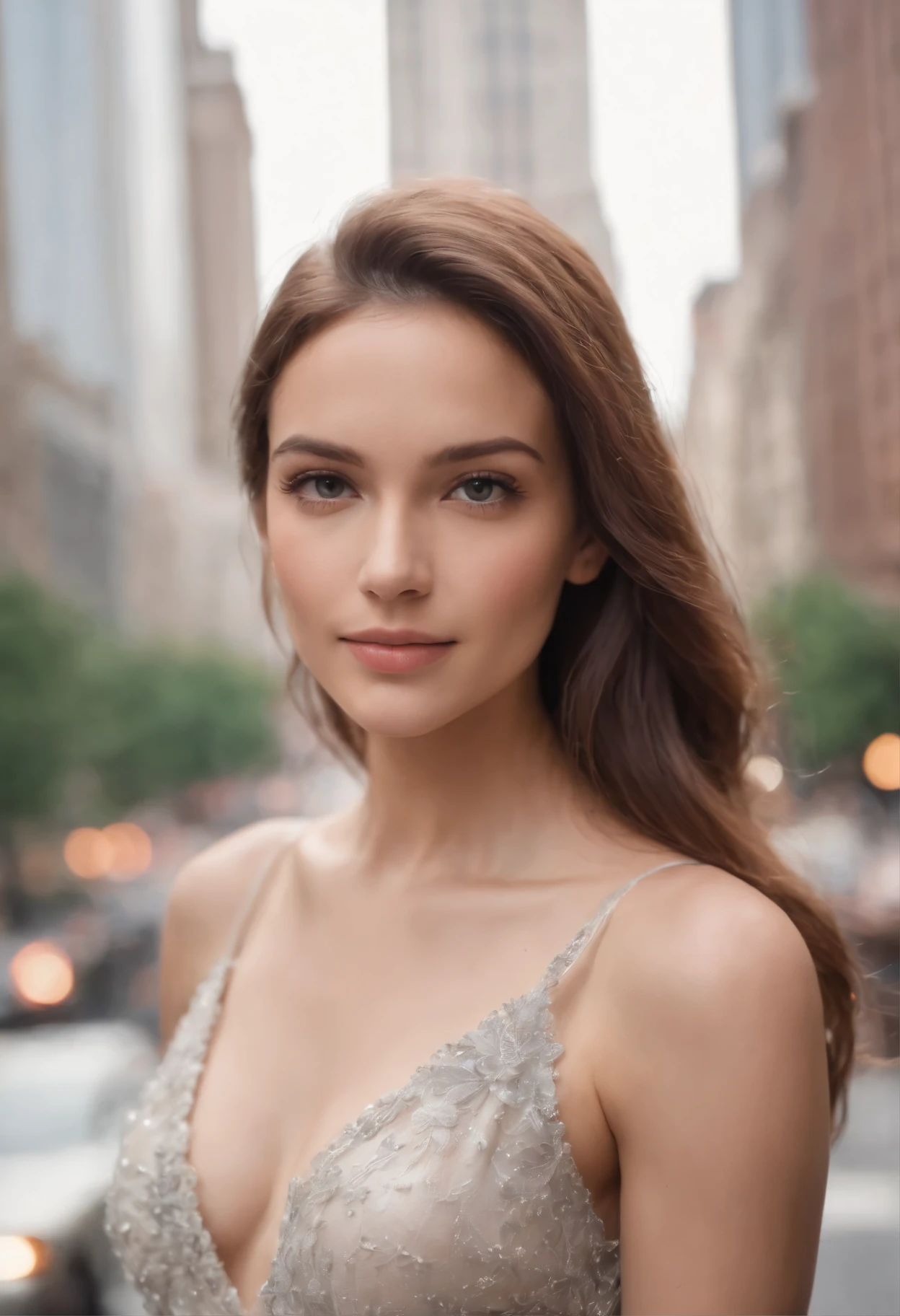 a wide angle shot of a beautiful woman posing for a Photo in the middle of the New York city, from below shot,