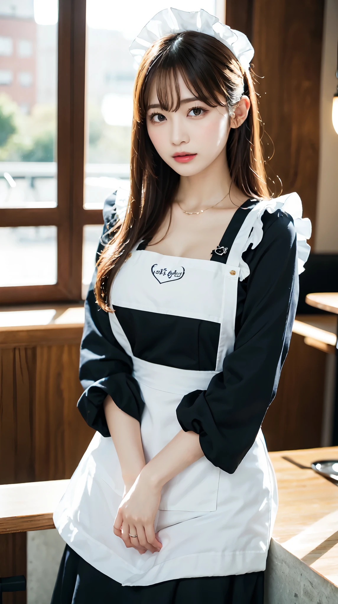 One Girl, apron, Black dress, blush, Braiding, dress, Eyebrows visible through hair, Big Breasts, valley, My chest is exposed, Beautiful nipples, Frills, gloves, Hair between the eyes, jewelry, Juliet Sleeve, Long sleeve, Maid, Maid apron, Maidの頭飾り, Puffy sleeves, short hair, Sitting, White apron, window, Huge 、Nogizaka Idol、Korean Idol、Gravure idol pose、actress、Age 25、expensive、Cafe、restaurant, Official Art,Highly detailed CG Unity 8k wallpaper, (masterpiece:1.0),(highest quality:1.0), photo shoot, 8k, Browsing Caution, High resolution, Kodak Portrait 400, Film Grain, Lens flare brilliance,Show Viewer