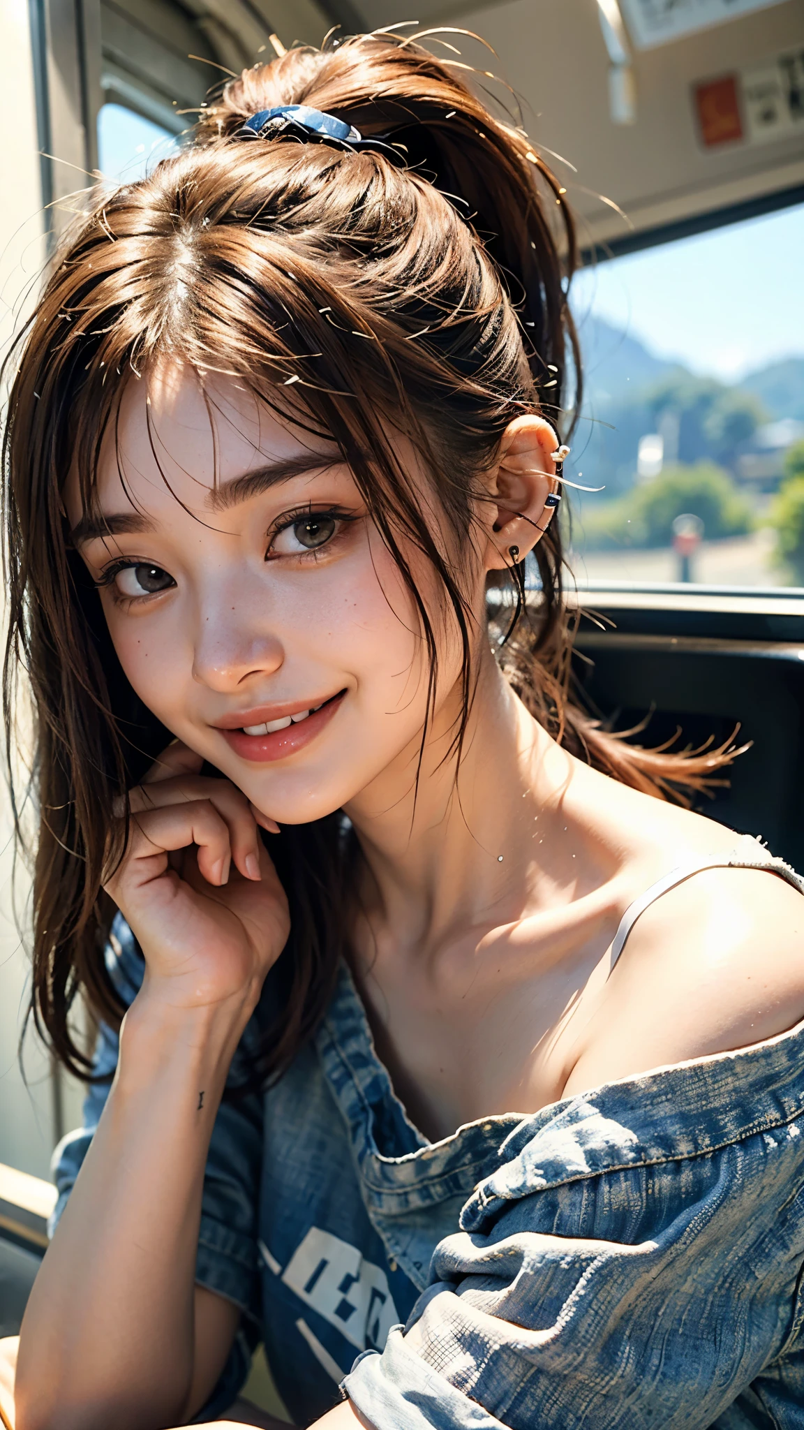 highest quality, masterpiece, Ultra-high resolution, (Realistic:1.4), (Close-up portrait) RAW Photos, 1 girl,20-year-old,((Inside the Shinkansen)),((Wireless Earphones)),((Nose Piercing)),,((Passion pink hair gal make-up)),((High Fashion)),Messy Hair,((Cap Chestnut)),((Bangs short hair)),Realistic,picture media chest)),((Smiling with teeth showing)),((Big smile))