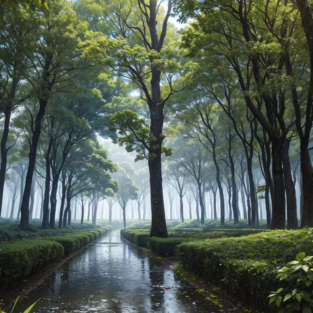 Un bosque frondoso, tarde lluviosa. Arboles tan altos casi tocando el cielo. Lluvia