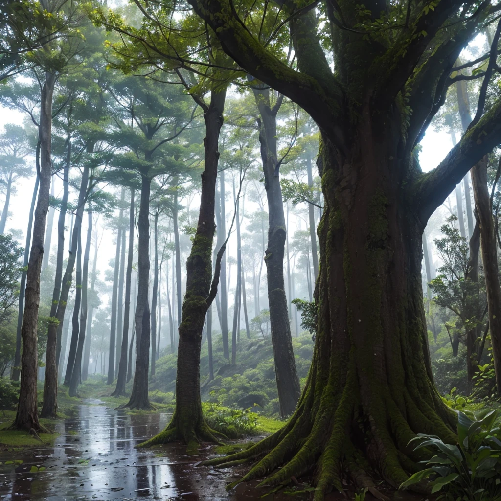 Un bosque frondoso, tarde lluviosa. Arboles tan altos casi tocando el cielo. Lluvia