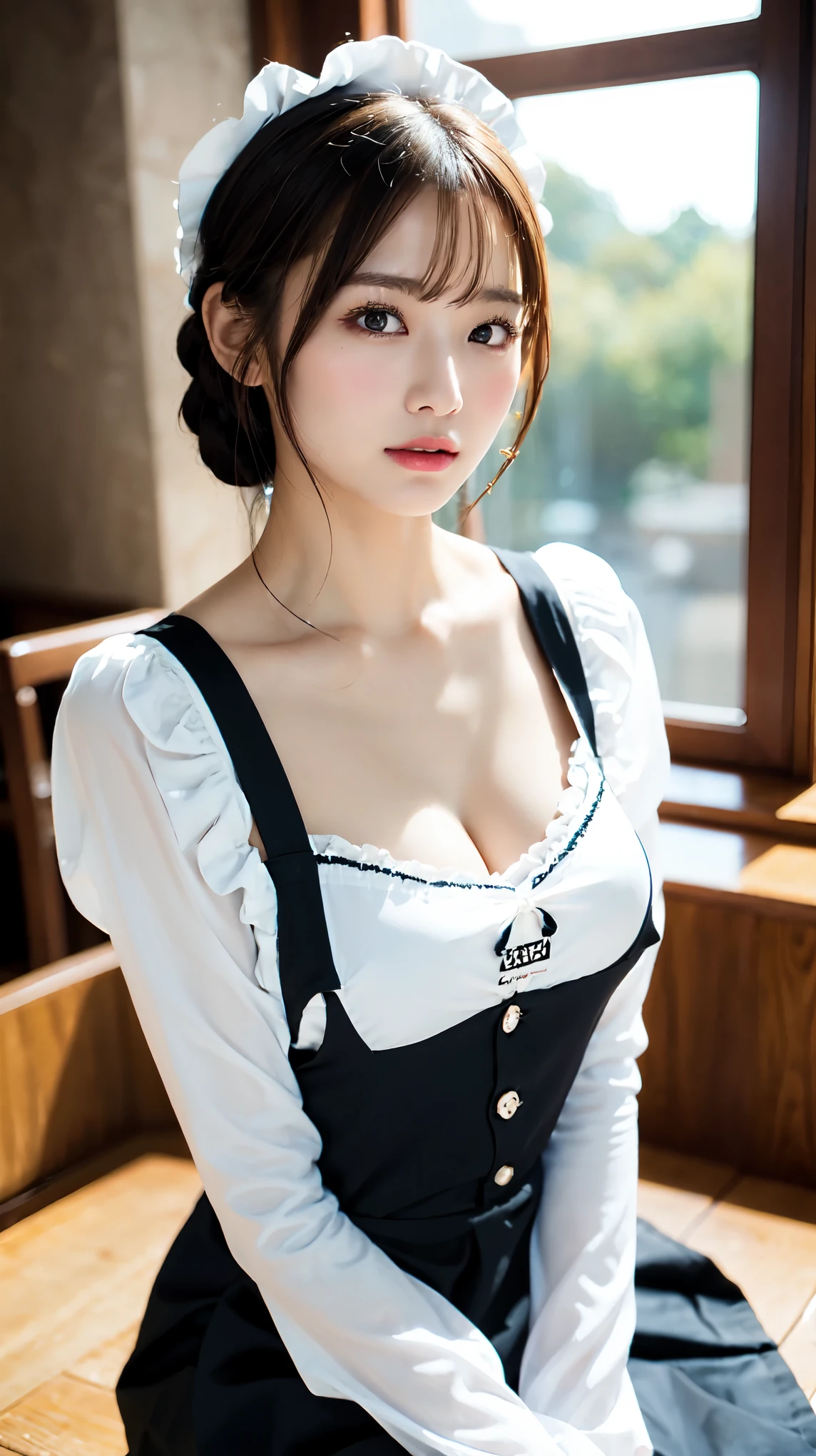 (Best quality, 8K, 32K, Masterpiece, hyper HD: 1.2),(Portrait from head to knee:1.5),Beautiful photos of Japanese women, 1 girl, (Dark brown hair), Double eyelids, (Big: 1.2), Sexy, (Lolita costume)), (deep slit: 1.2), (side boobs), (Smile: 1.1), Dynamic posture,