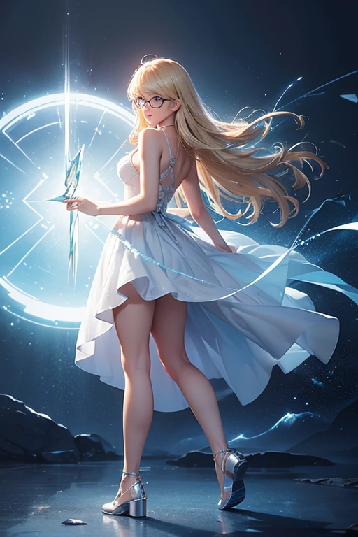 (Obra maestra:1.2), Mejor calidad, (illustration:1.2), (ultra detallado), hiper detalles, (delicado detallado), (detalles intrincados), (cinematic light, Mejor calidad Backlights), Delete line, solista, Cuerpo perfecto, (1 chica), An (((adult girl))) standing, wearing her (((glass shoes))), emitting a (((bioluminescent glow))) that casts a (((dynamic lightning pattern))), accompanied by (((sparkling flecks))), against a backdrop of a (((white dress))), with a (((shimmering light beam))), reflecting off her (((blond hair with side-swept bangs))), and (((sharp, reflective blue eyes)))., (constituir), alto contraste, (mejor iluminacion, un extremadamente creado y hermoso), (cinematic light), vistoso,