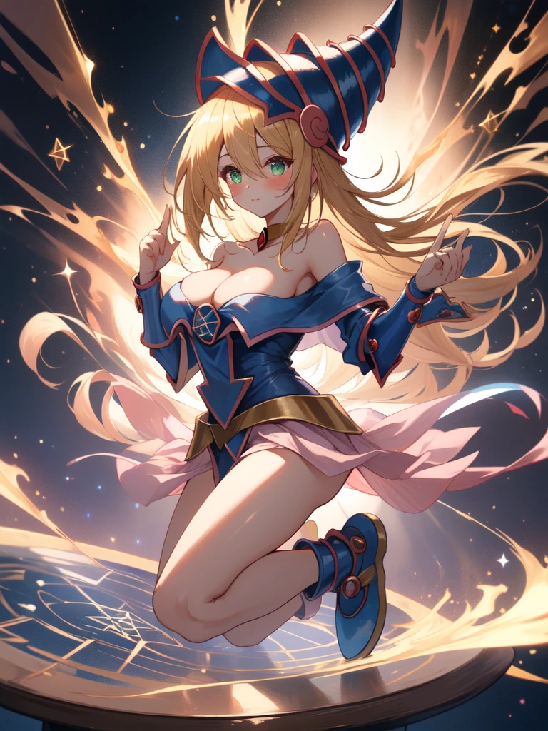 dark magician girl, duel monster, blush stickers, blonde hair, green eyes, long hair, breasts, blush, bangs, large breasts, hair between eyes, pentacle, pentagram, hat, dress, cleavage, bare shoulders, collarbone, choker, blue headwear, wizard hat, bracer, detached sleeves;highest quality,((highest quality)),((Tabletop)),((Perfect Face)),Detailed５Hand with two fingers,1 girl,(Background Blur), ((Holographic)),1 girl,milky way, (stripes of light), Impressive visuals, (Dynamic Streaks, Path of Light:1.2), Bright colors,whole body,Dynamic pose,full body