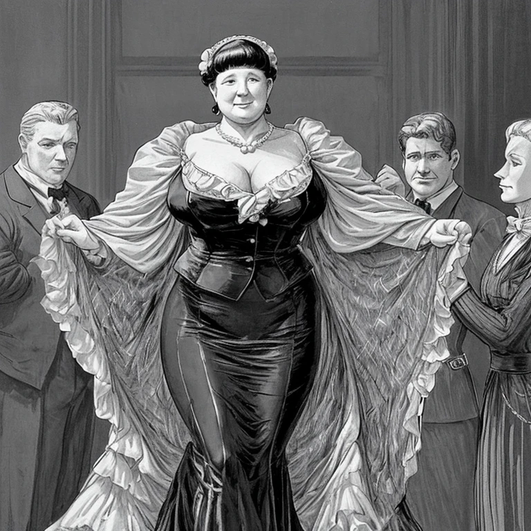 Generate an image of Gertrude Vanderbilt, a fat 76-year-old retired socialite and philanthropist. She stands at 165 cm tall with chubby physique. Her silver hair is impeccably styled in chic coiffure. She is dressed in a tailored skirt suit. She wears a pearl necklace around her neck. She is alone in the image. She is very chubby. She wears a pair of gloves.