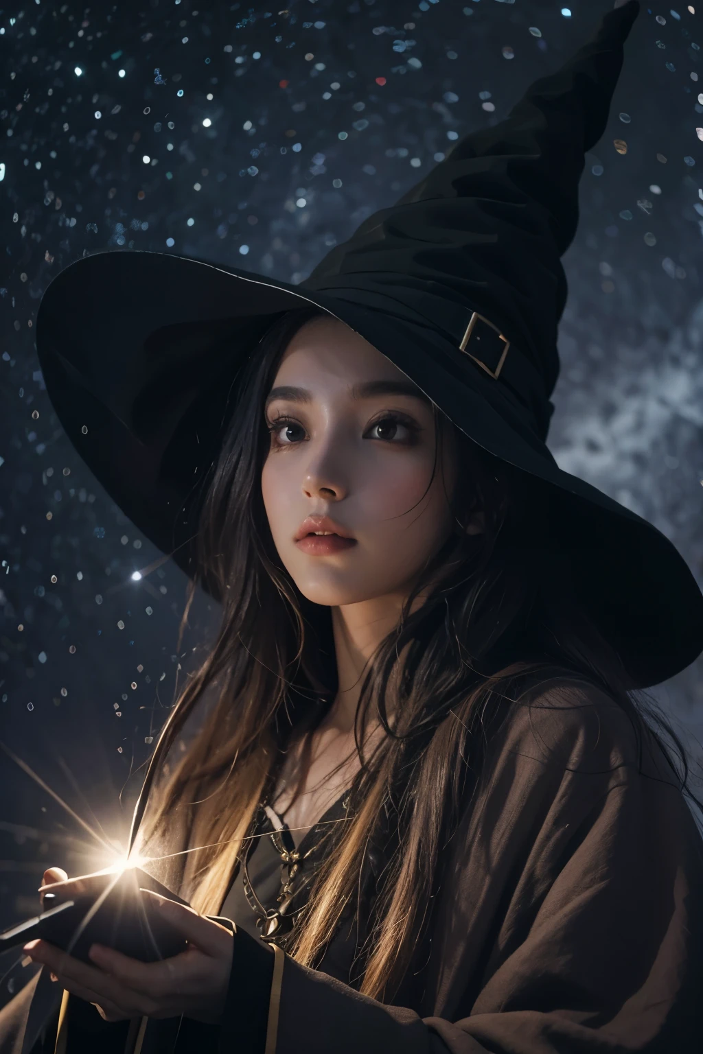 Araped woman wearing witch hat and wizard robe, No makeup , without makeup, portrait of a girl, Profile picture, Use Instagram Filters, Subtle soft and dim light, magic school, perfect face, julia sardinian, broomstick, night sky, Milky Way, star, 