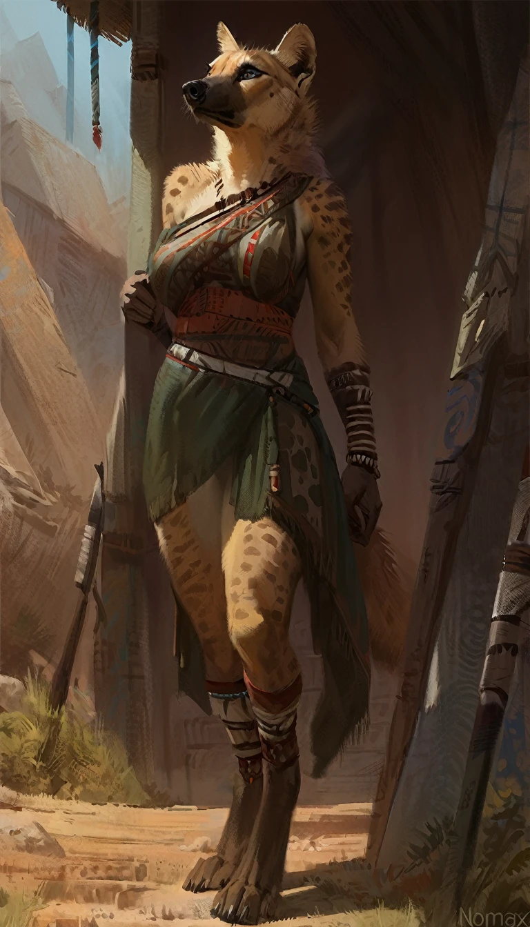 Art by nomax, best quality, masterpiece, ((solo)), expressive, dynamic, good anatomy, attractive, detailed eyes, beautiful eyes, detailed scales, extreme detail, anthro female hyena, tribal clothes, nomadic, standing, digitigrade, breastfeeding