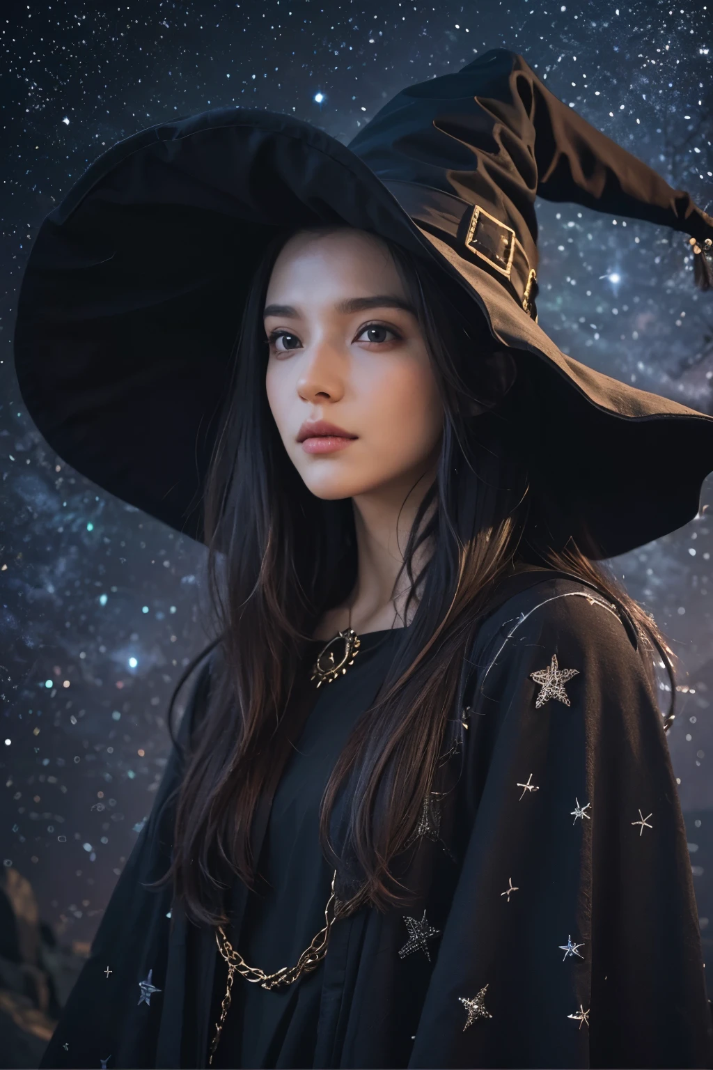 Araped woman wearing witch hat and wizard robe, No makeup , without makeup, portrait of a girl, Profile picture, Use Instagram Filters, Subtle soft and dim light, magic school, perfect face, julia sardinian, broomstick, night sky, Milky Way, star, 