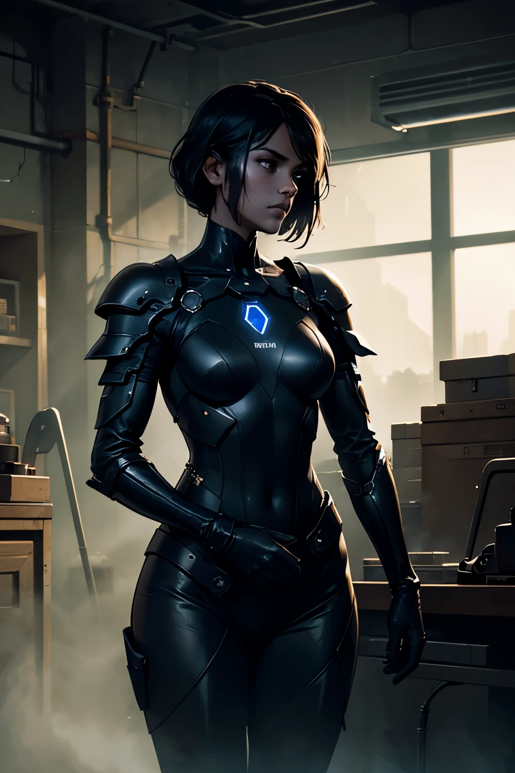 In the heart of a dimly lit, industrial workspace, a solitary figure emerges against a backdrop of obsidian darkness. The figure wears a pair of intricately designed black gloves, their surface shimmering subtly with a hint of azure under the faint, colorized lighting. The rest of their visage is obscured by the encroaching shadows, leaving only a suggestion of a light brown complexion. The atmosphere is thick with an air of mystery, the silence broken only by the soft hum of machinery and the occasional drip of condensation. The scene is rendered with meticulous detail, each shadow and crevice captured in stunning high-definition, transporting viewers into the en