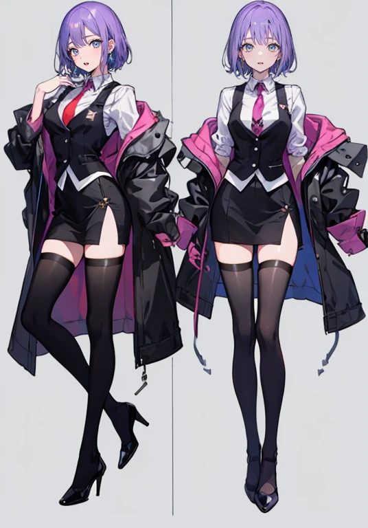 ((Perfect Face)),Purple Hair,short hair,Adult female,bartender,suit,Black vest,Shirt with rolled up sleeves,tie,slit,High heels,,((Simple Background)),smile,((whole body)),((whole body)),Portraiture,virtual,upright,,Both arms are down,Standing upright with face and body facing forward,