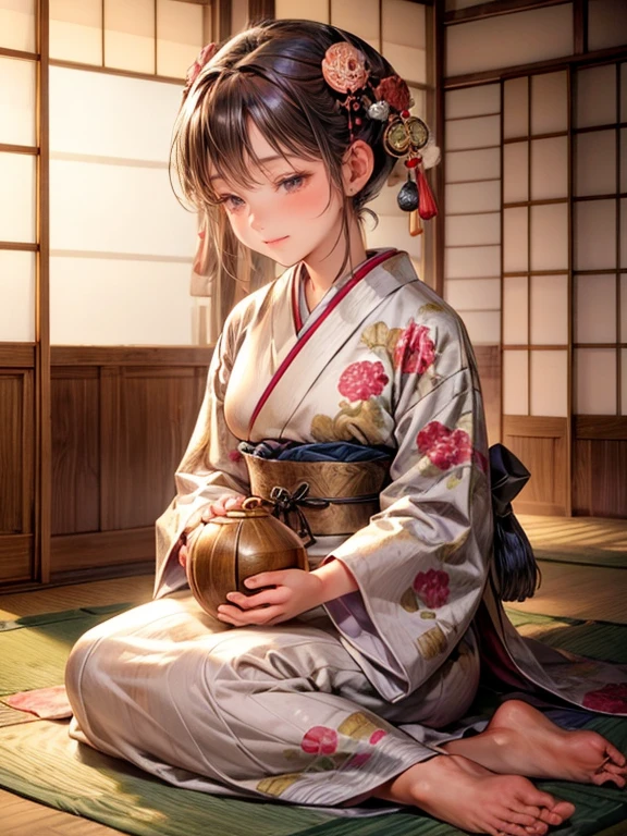 A little cute girl(chibi) in a traditional and rustic Japanese-style room, holding a temari and smiling.
bamboo tatami, sliding doors, soft lighting, delicate wooden furniture, floral motifs, traditional tea set, beautiful details, intricate patterns, warm and cozy atmosphere, traditional Japanese clothing, serene expression, peaceful ambiance, soft and gentle color palette, dappled sunlight, nostalgic vibe, vintage charm, tranquil background, peaceful serenity, authentic cultural elements, traditional craftsmanship, traditional Japanese artworks, graceful movements, elegant posture, tranquil beauty, soft and soothing textures, peaceful serenity, harmonious balance, gentle and subtle details, delicate handball, finely embroidered fabric, intricate floral patterns, authentic cultural experience. (best quality, highres), (realistic,photorealistic:1.37), traditional Japanese aesthetics, historical charm.