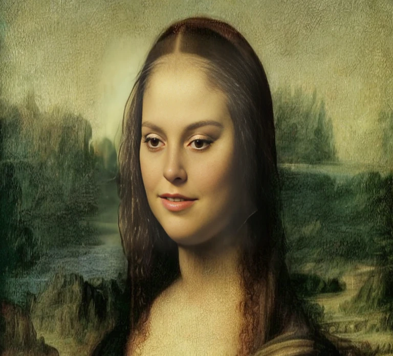 image of a woman with long hair and a smile, looks like Mona Lisa, in oil painting style, renaissance digital painting, realistic Portrait of the Renaissance, in the style of an oil painting, Renaissance oil portrait, Mona Lisa Style, masterpiece portrait, Portrait of the Renaissance, Danny DeVito as Mona Lisa, Emma Watson as Mona Lisa, inspired by Mona Moore
