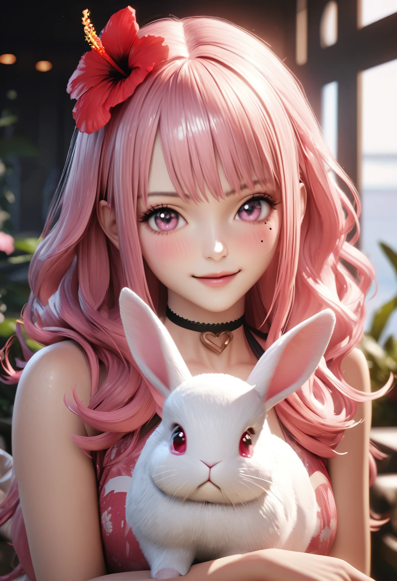 masterpiece, highest quality, Very detailed, High resolution, Expensive resolution, High resolution, 4K, 8k, unity 8k wallpaper, Very detailed CG, masterpiece, Realistic, 2D, 3D, Beautiful details, depth, Fine texture, highest quality: 1.3, Total concentration, Crisp skin, he, Very cute anime rabbit, A cute rabbit like an idol, expensive pink long hair, One Girl, Aloha One Piece, morning, morning食, Hibiscus Hair Accessories, Smiling long pink hair, whole body, Mole under the eye, Line Sight, expensive, blush, Lips parted, heart, Pink Eyes, choker
