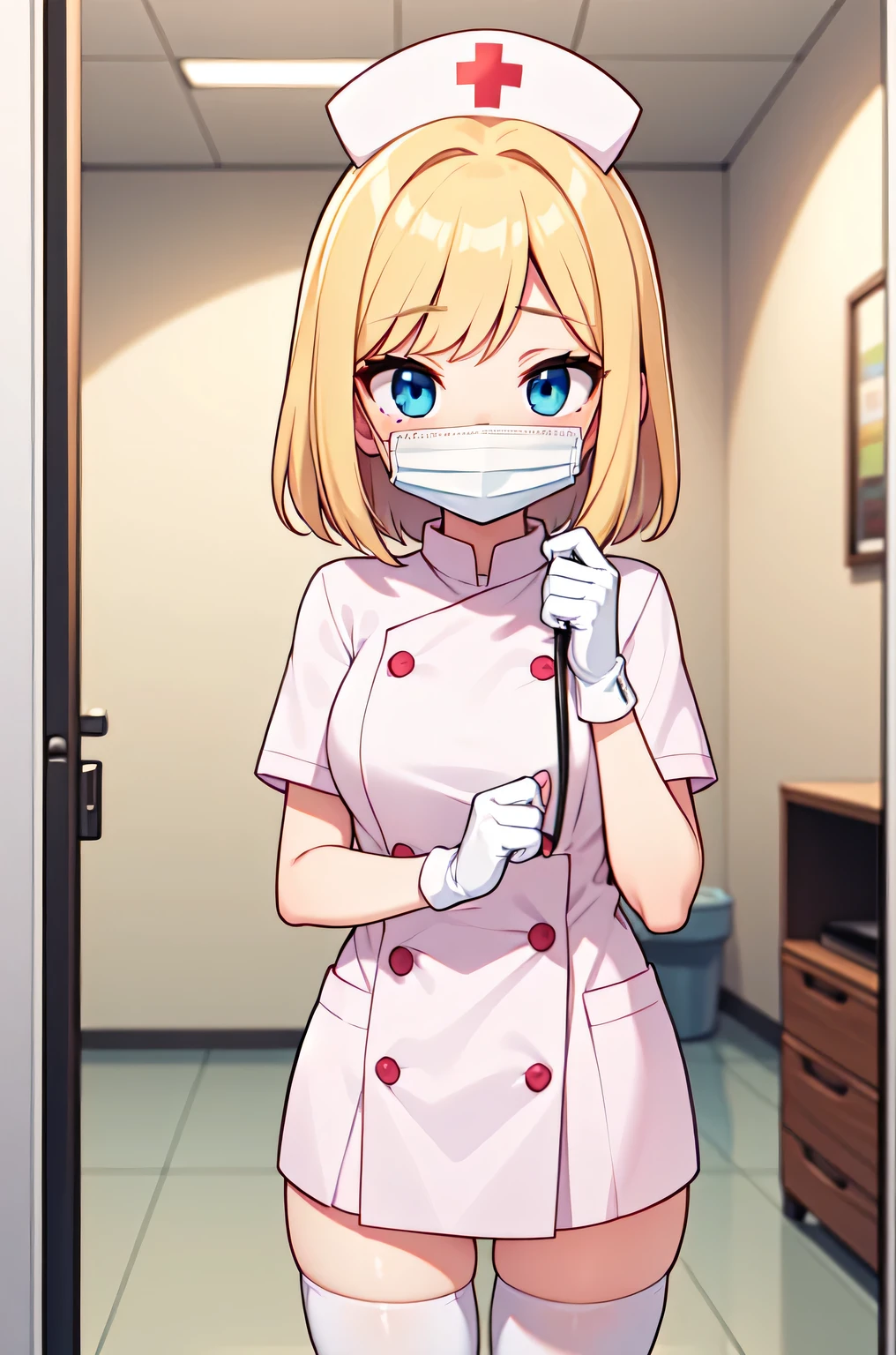 1woman, solo, nurse, white nurse cap, white nurse uniform, ((white legwear, zettai ryouiki)), white gloves, blonde hair, blue eyes, ((white surgical mask, covered nose)), standing, ((hospital room)), sharp outline, short sleeves, mature female, 35 years old, best quality, masterpiece