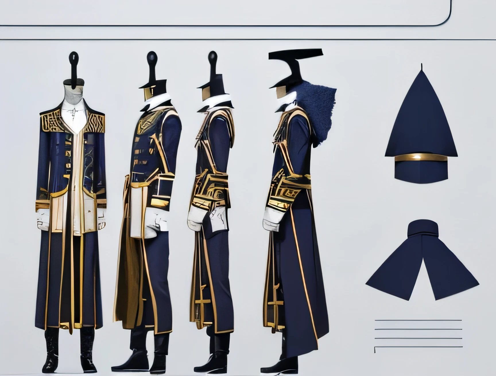 A boy wizard clothe design on a mannequin. The theme is a russian style wizard uniform, the color is a navy blue with some gold strips it consists of a under shirt, a robe, pants, and a hat. Standing straight and lookung forward. The under shirt is white, and the pants is black. The manequin is white