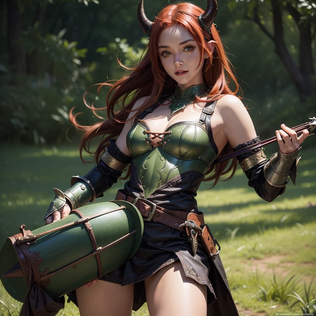 (best quality,masterpiece,ultra-detailed),half-orc,girl,green skin,detailed,2 fangs short,small horn,leather armor,lute in hand,redhead,brown eyes