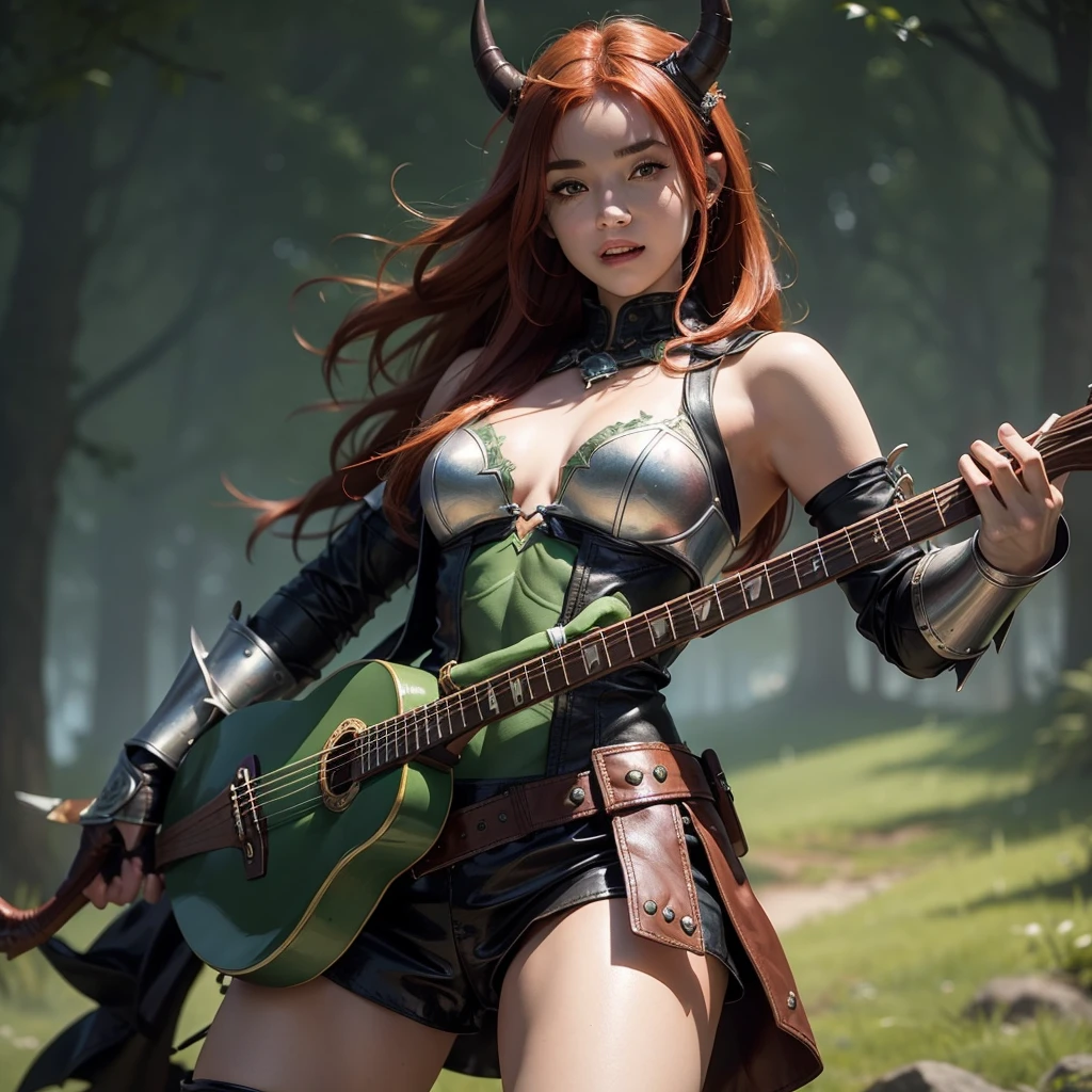 (best quality,masterpiece,ultra-detailed),half-orc,girl,green skin,detailed,2 fangs short,small horn,leather armor,lute in hand,redhead,brown eyes