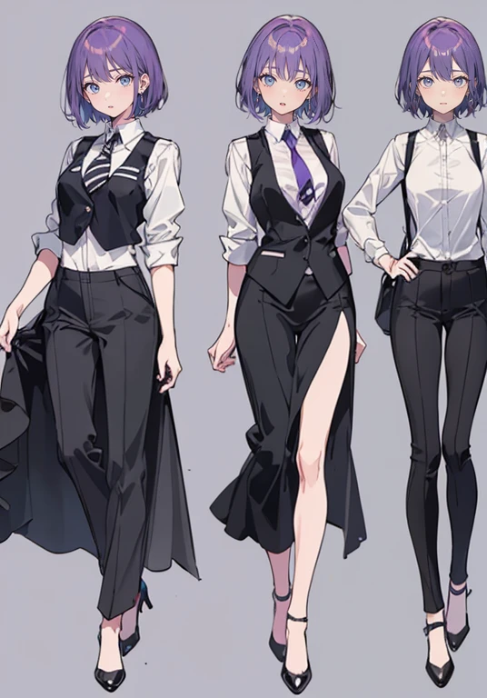 ((Perfect Face)),Purple Hair,short hair,Adult female,bartender,suit,Black vest,Shirt with rolled up sleeves,tie,slit,High heels,,((Simple Background)),smile,((whole body)),((whole body)),Portraiture,virtual,upright,,Both arms are down,Standing upright with face and body facing forward,