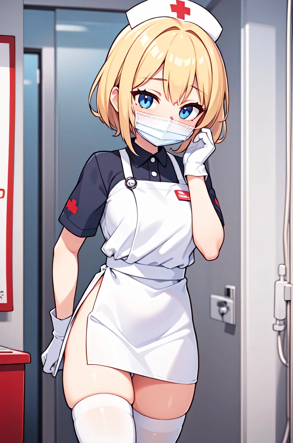 1woman, solo, nurse, white nurse cap, white nurse uniform, ((white legwear, zettai ryouiki)), white gloves, blonde hair, blue eyes, ((white surgical mask, covered nose)), standing, ((hospital room)), sharp outline, short sleeves, mature female, 35 years old, best quality, masterpiece