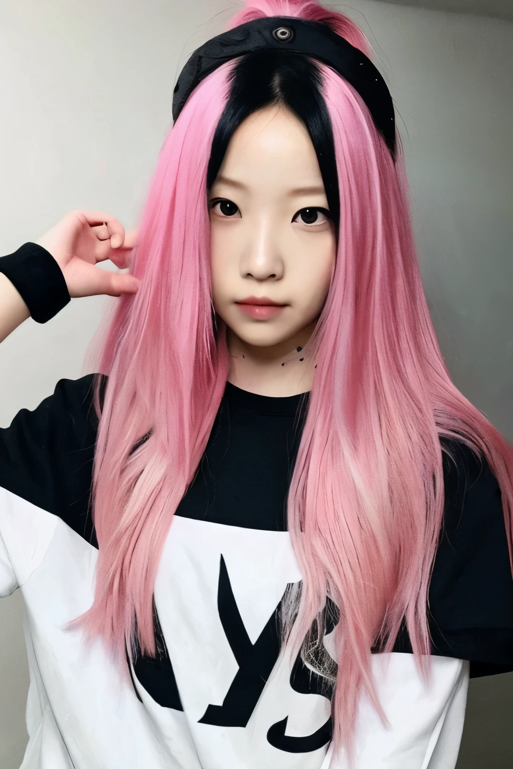Her hair is long and half pink and half black.