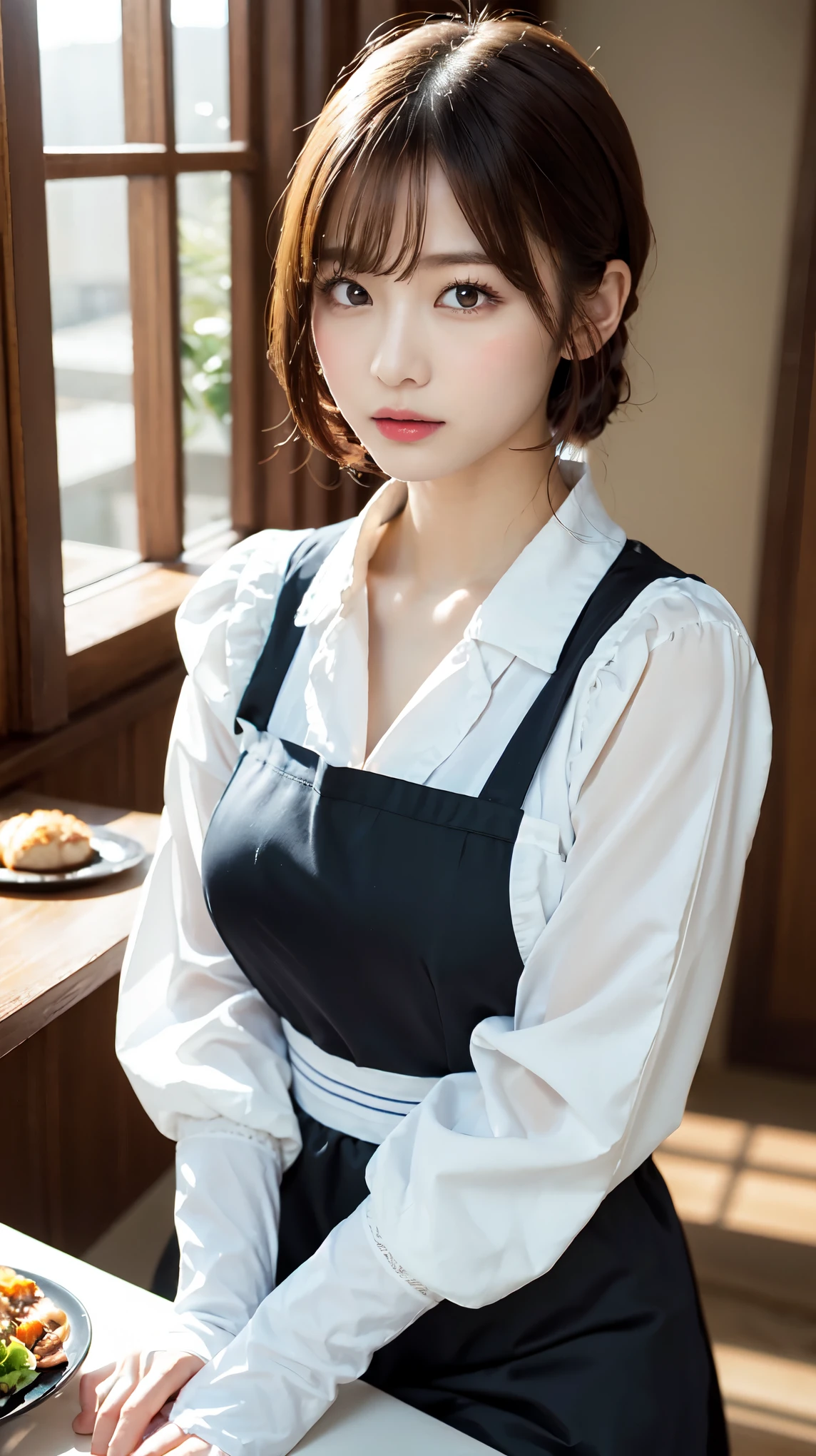 One Girl, apron, Black dress, blush, Braiding, dress, Eyebrows visible through hair, Big Breasts, valley, My chest is exposed, Beautiful nipples, Frills, gloves, Hair between the eyes, jewelry, Juliet Sleeve, Long sleeve, Maid, Maid apron, Maidの頭飾り, Puffy sleeves, short hair, Sitting, White apron, window, Huge 、Nogizaka Idol、Korean Idol、Gravure idol pose、actress、Age 25、expensive、Cafe、restaurant, Official Art,Highly detailed CG Unity 8k wallpaper, (masterpiece:1.0),(highest quality:1.0), photo shoot, 8k, Browsing Caution, High resolution, Kodak Portrait 400, Film Grain, Lens flare brilliance,Show Viewer