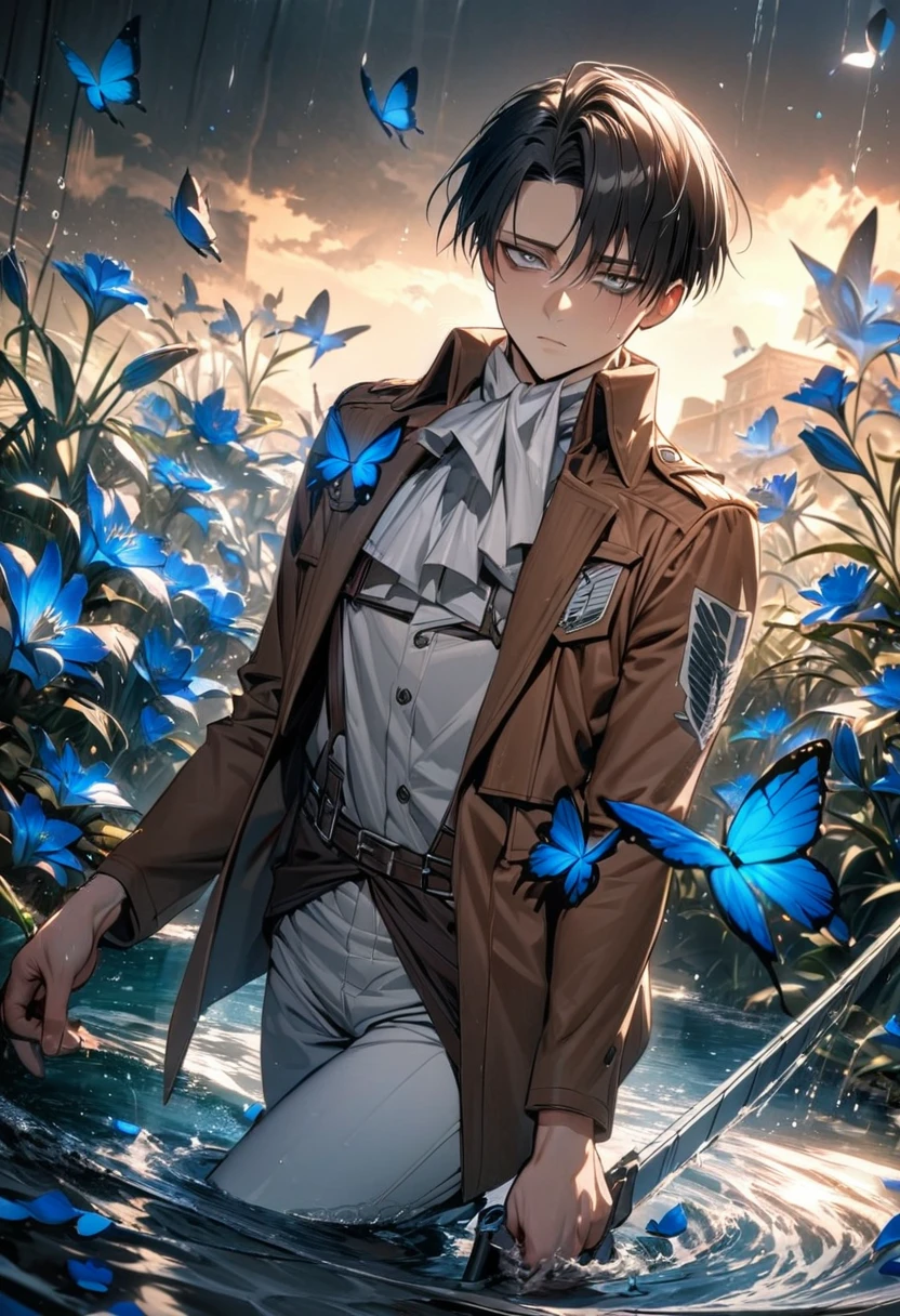 absurdres, highres, ultra detailed, HDR, masterpiece, extremely detailed face and eyes, Levi Ackerman, black hair, expressive grey eyes, dark circles under the eyes, Shingeki No Kyojin final season, solo, sexy man, very handsome, water, blue lilies, petals, butterflies, brown jacket, white pants