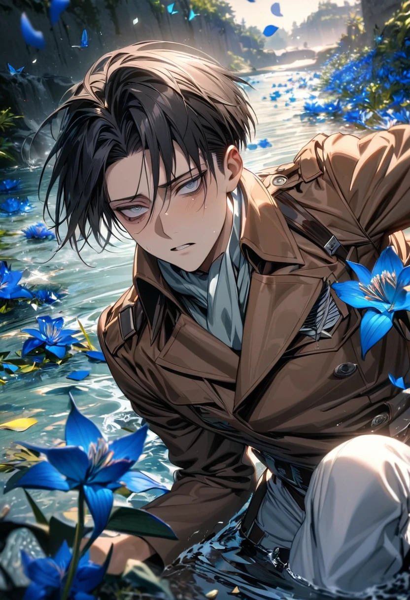 absurdres, highres, ultra detailed, HDR, masterpiece, extremely detailed face and eyes, Levi Ackerman, black hair, expressive grey eyes, dark circles under the eyes, Shingeki No Kyojin final season, solo, sexy man, very handsome, water, blue lilies, petals, butterflies, brown jacket, white pants