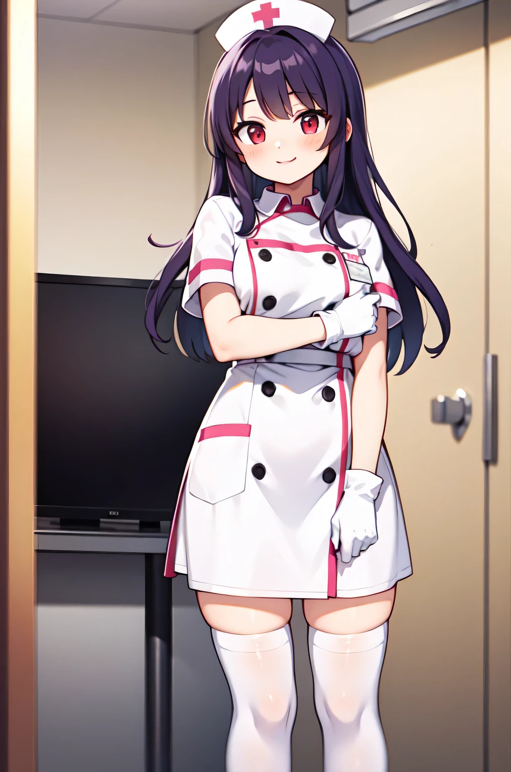 1boy, solo, male focus, nurse, white nurse cap, white nurse uniform, ((white legwear, zettai ryouiki)), white gloves, long hair, purple hair, red eyes, smile, standing, ((hospital room)), sharp outline, short sleeves, shota, 12yo, best quality, masterpiece