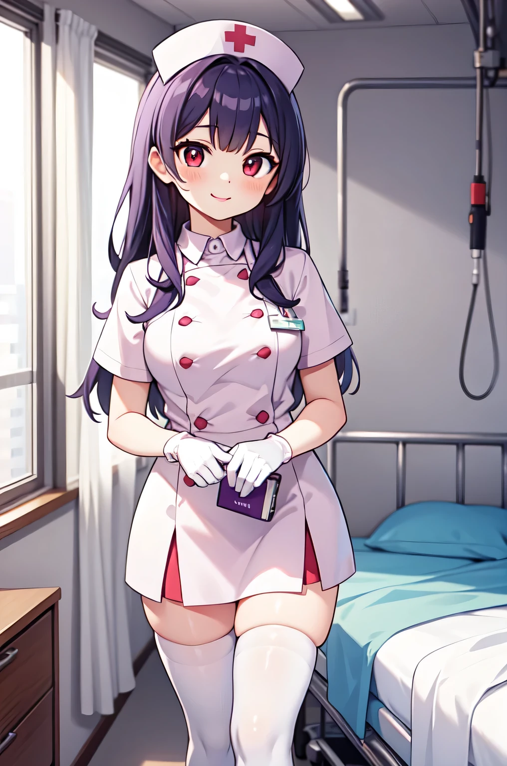 1woman, solo, nurse, white nurse cap, white nurse uniform, ((white legwear, zettai ryouiki)), white gloves, long hair, purple hair, red eyes, pink lips, smile, standing, ((hospital room)), sharp outline, short sleeves, mature female, 35 years old, best quality, masterpiece