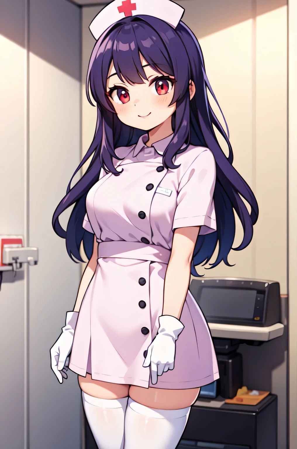 1woman, solo, nurse, white nurse cap, white nurse uniform, ((white legwear, zettai ryouiki)), white gloves, long hair, purple hair, red eyes, pink lips, smile, standing, ((hospital room)), sharp outline, short sleeves, mature female, 35 years old, best quality, masterpiece