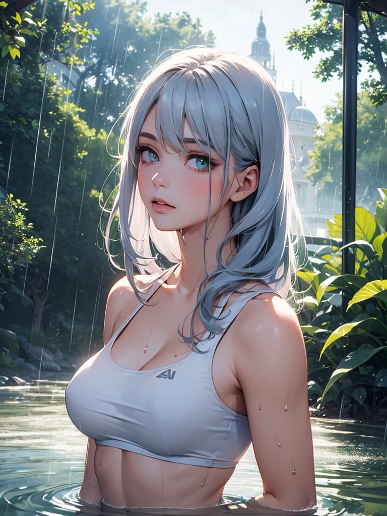 (best quality, 16K, masterpiece :1.3), pretty Woman, 1 girl, (Large Breasts, Beautiful clavicle, Seductive figure :1.2), Abdominal muscles :1.1, Shoulder-length hair, curls, Blonde ombre light blue hair, Messy hair, One-side lock, (wet from rain, get wet by rain, wet :1.2), Sky blue gradient lake green eyes, Upturned eyes, Pupils sparkling, the pupil reflelts the surroundings, Super detailed face, Delicate lips, Delicateeyes, Double eyelids, Grow eye hair