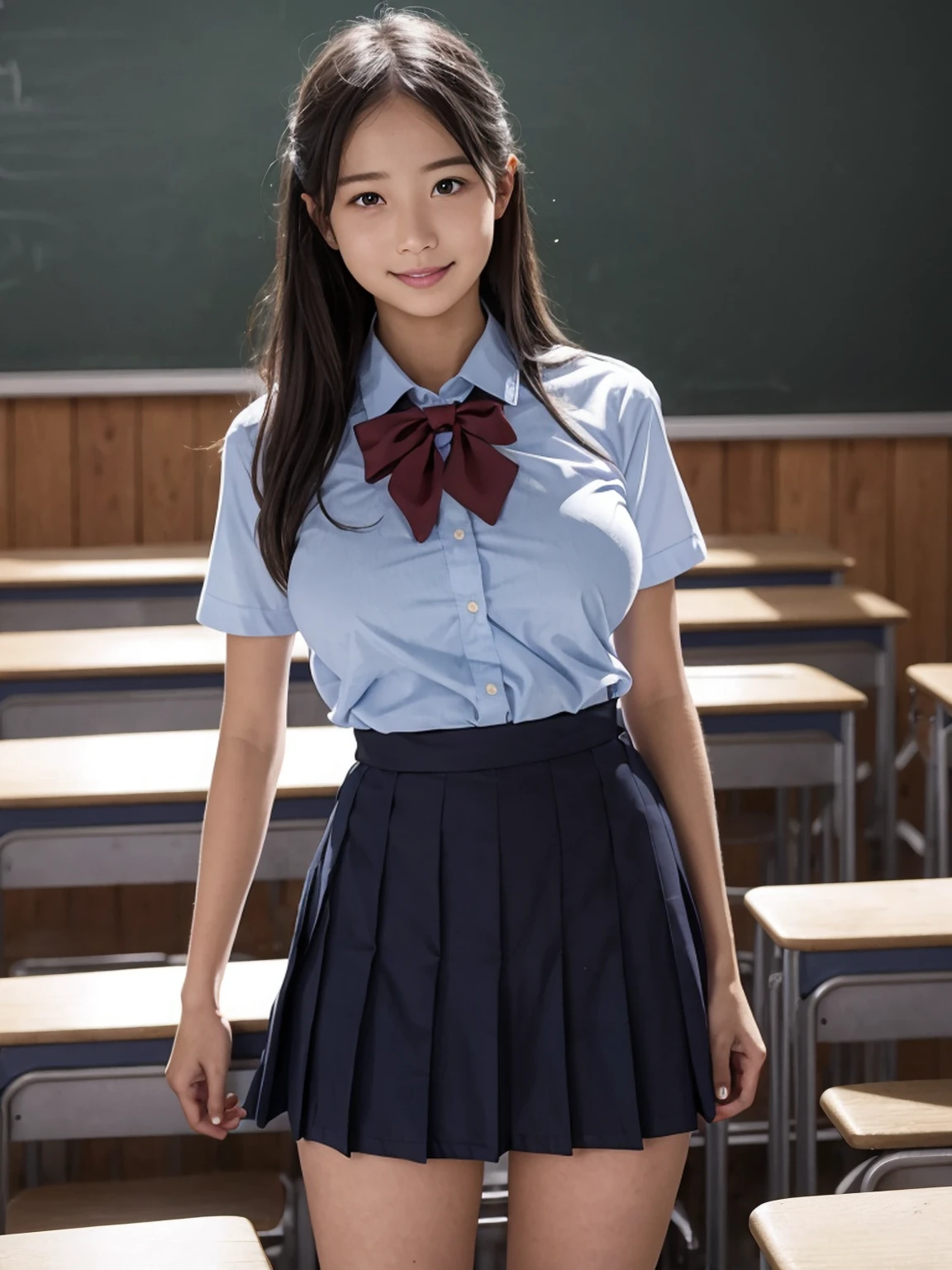 (8K,RAW Photos,highest quality,masterpiece:1.5),(Watching the audience:1.5),smile,Black Hair,(live-action:1.5),(Realistic expression:1.5),(middle School girls:1.5),(School uniform:1.5),(The background is an empty classroom:1.5),(Young face:1.4),(Big Breasts:1.5),Showing beautiful teeth,Braid,Glasses,(She lifts her skirt to show her vagina:1.5)、(legs wide open to the sides:1.5)