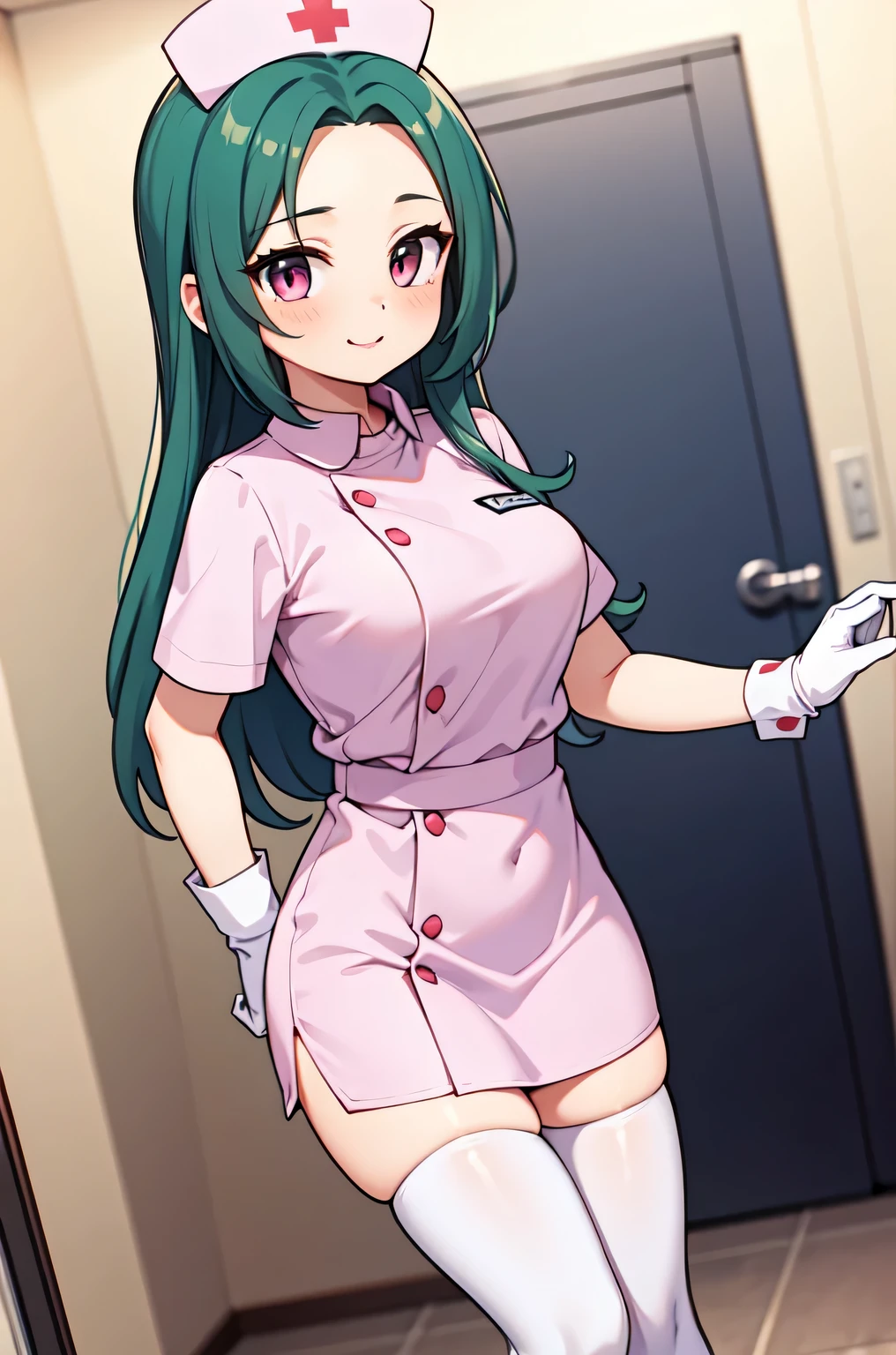 1woman, solo, nurse, white nurse cap, white nurse uniform, ((white legwear, zettai ryouiki)), white gloves, forehead, long hair, green hair, pink eyes, pink lips, smile, standing, ((hospital room)), sharp outline, short sleeves, mature female, 35 years old, best quality, masterpiece