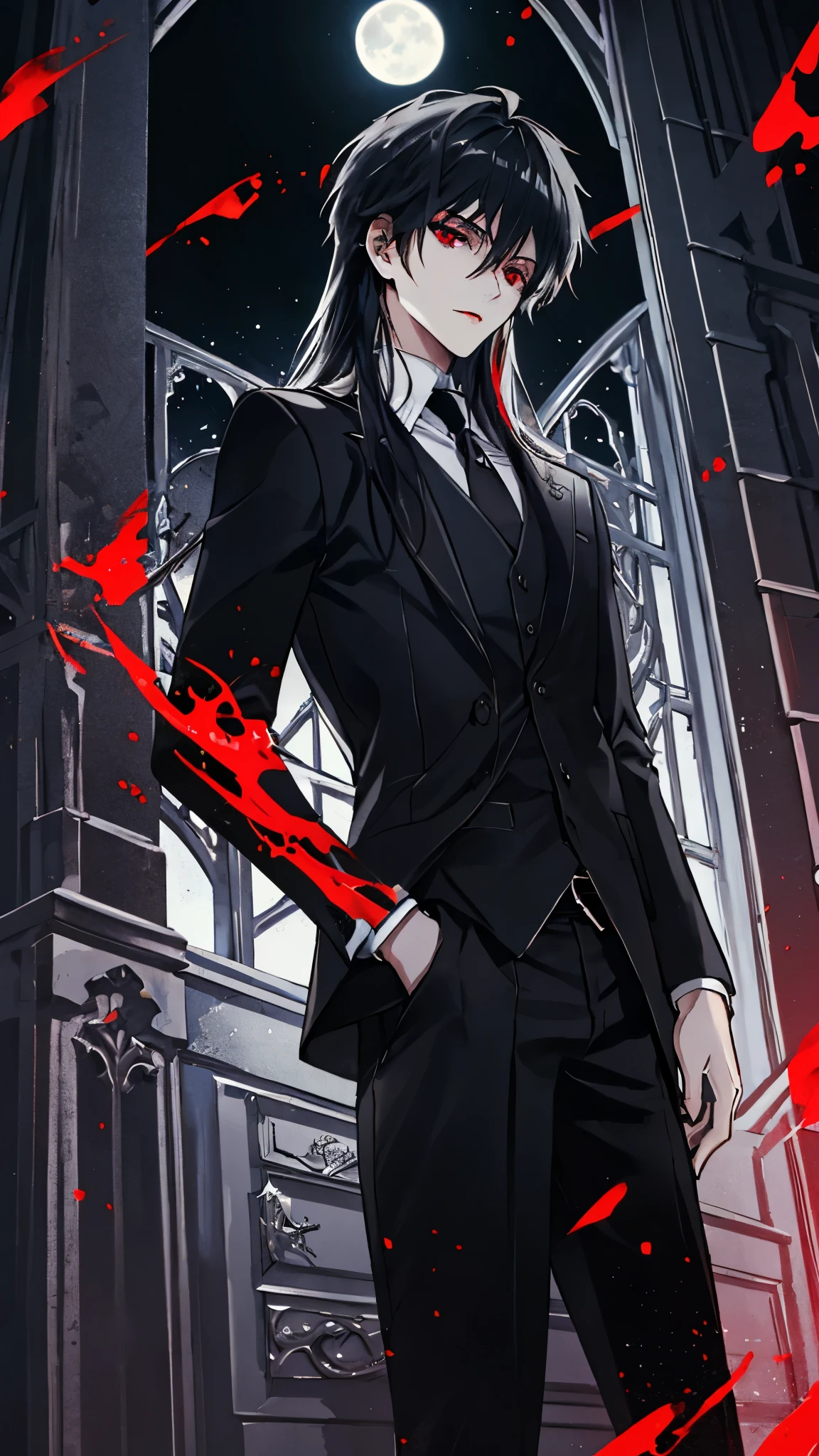 (best quality), masterpiece,Ultra Detailed,1man,Masculinity,a black-haired,Long hair,Red Eyes,vampire,Gorgeous dark atmosphere, Wear a black suit,Late Night, moon