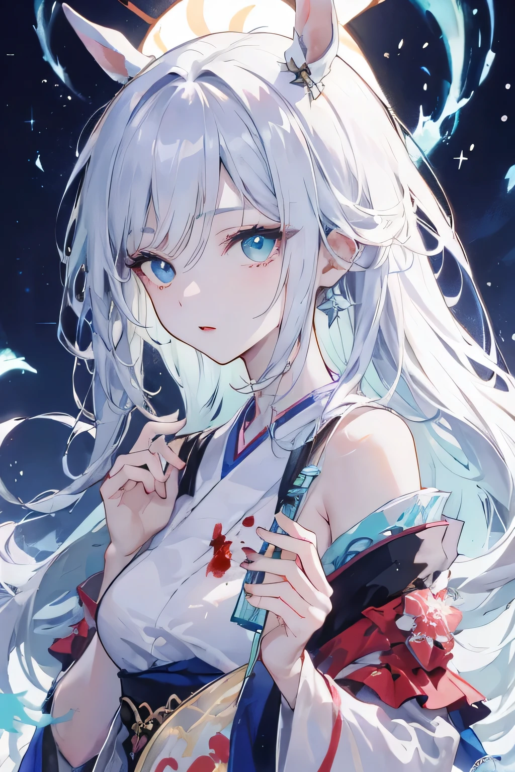 1 garota, roupas japonesas, rabo de cavalo ,cabelo branco, olhos roxos, magic circle, fogo azul, chamas azuis, Papel de parede, paisagem, sangue, sangue splatter, profundidade de campo, noite, light particles, raios de luz, side lighting, coxas, destino \(Series\), impacto genshin, Jaqueta aberta, saia, coxas, nuvem