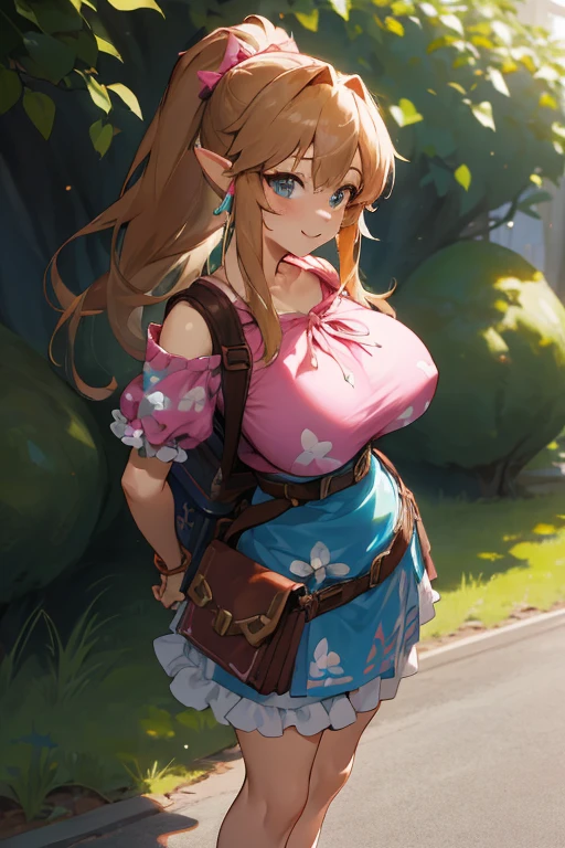 masterpiece, best quality, highres, 1girl, long hair, one side up, solo, ponytail,brown hair, blue eyes, bare shoulders, pink shirt, floral print, short sleeves, off-shoulder shirt, frills, blue skirt, cowboy shot, smile,standing, fullbody, wear high heels, wearing randoseru backpack, (randoseru backpack:1.1), outdoor, day, (link:1.5), legend of zelda, GS-womanly, (huge breasts:1.3)