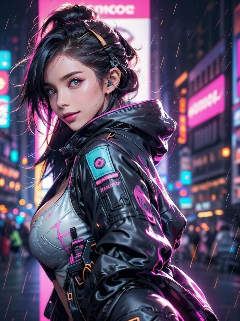 (closed:1.3)(highest quality, 8K,32k,masterpiece, UHD:1.2),Highly detailed CG Unity 8k wallpaper,Intricate details,Raw photo,(Realistic:1.4),atmosphere,Ultra-high resolution,Genuine,Huge_file size,Incredibly absurd,Ultra Illustration,(Very detailed),Dramatic lighting,different colors,Written boundary depth,art:Krenz Kushart,Shot with Canon EOS,SIGMA art lens 35mm F1.4,ISO200,Shutter Speed 2000, break, 1 girl,24-year-old Japan beauty,(Sensual smile,Gazing into the distance,Side view:1.1),short hair,(Black Hair,innovative hairstyles:1.2), Headphones,bright makeup,Red lipstick,eye shadow,double eyelid,Beautiful Eyes,Beautiful Eyes,Soft white skin that shines in every detail,Pale skin,Golden Ratio Face,Very well-shaped face,Natural Nose,Beautiful nose,Detailed information,Lips Detail,Glossy, beautiful lips,Glossy lips,low neckline,break, (つま先までのfull body shot,Dynamic pose,full body shot:1.3),(Hide cleavage:1.2),Beautiful bell-shaped breasts,自信に満ちたcyber punkガール,(Long legs,Big round buttocks:1.2),(Brand collection fashion brand theme:1.5),(cyber punk, one piece, Latex Fusion:1.3), (Aラインマキシラテックスone piece:1.4), (Short jacket:1.4), (Silver earrings:1),break,cyber punkな都市景観, skyscraper, neon, LED Light,Bright and vivid color scheme,Nobody is here,(rain,night:1.2)