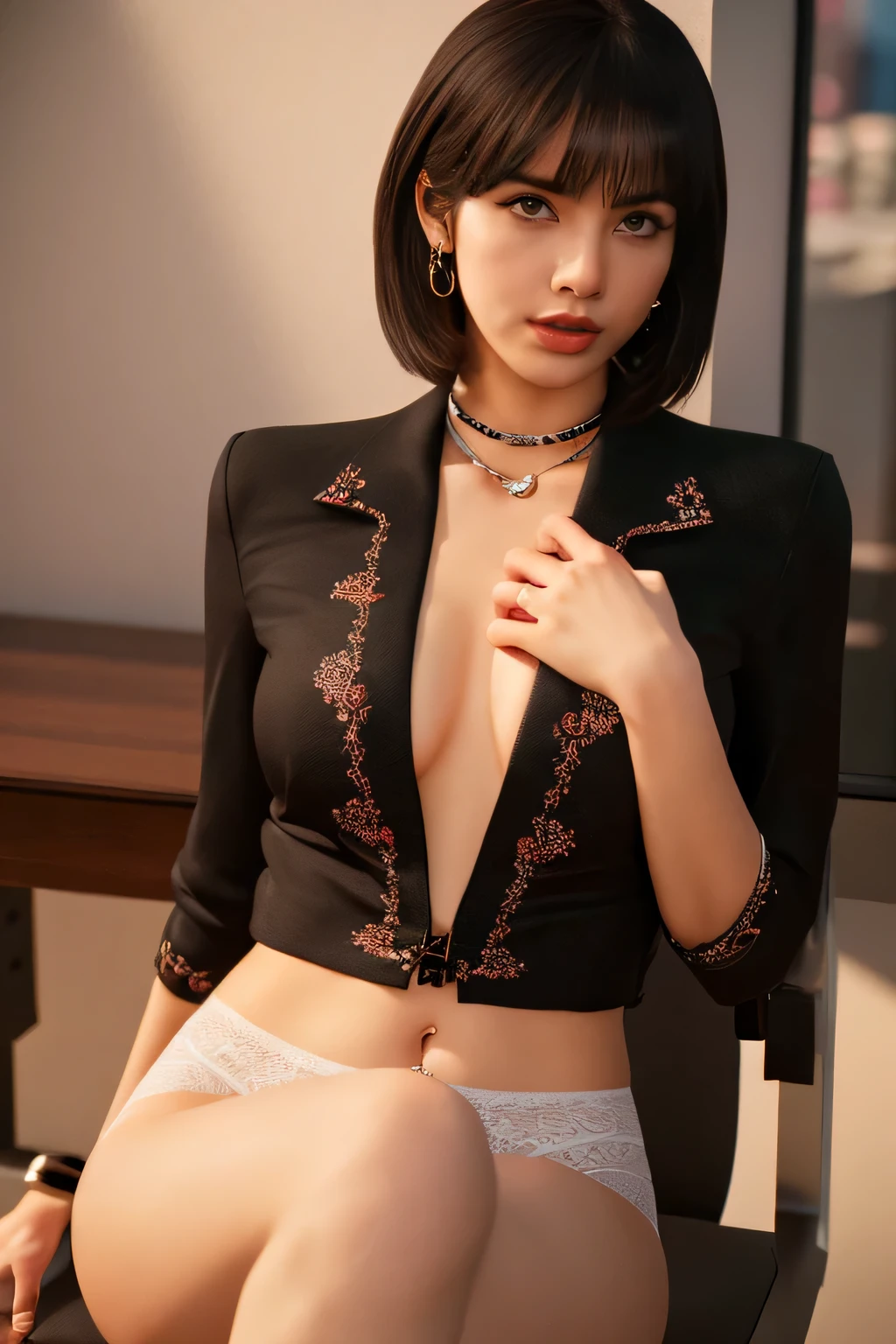 Elegant upper class elite secretary topless with a wide open neckline, work in the office, wear luxury high heels、 naked body, topless slender body, business woman, business panties, fashionable business coat over naked body exposing full breast, RAW photo, (8K、highest quality、masterpiece:1.2)、(intricate details:1.4)、(Photoreal:1.4)、octane rendering、Super detailed complex 3D rendering, soft light in the studio, rim light, vivid details, Super detailed, realistic skin texture, face, beautiful and detailed eyes, Highly detailed CG Unity 16k wallpaper, compensate, (detailed background:1.2), exposed thighs!!!,(Open Leg 1.5), panties pensive lingerie), erected nipples, seductive body, craving for attention, cute innocent facial expression