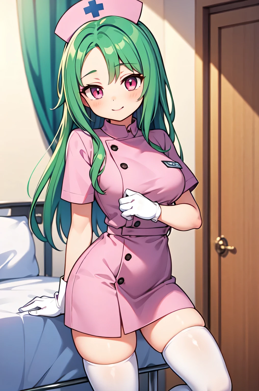 1woman, solo, nurse, white nurse cap, white nurse uniform, ((white legwear, zettai ryouiki)), white gloves, forehead, long hair, green hair, pink eyes, pink lips, smile, standing, ((hospital room)), sharp outline, short sleeves, mature female, 35 years old, best quality, masterpiece