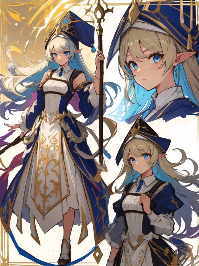 One Girl, Blue Hair, blue eyes, Elf Ears, wizard hat, White Dress, Cowboy Shot, highest quality,((highest quality)),((Tabletop)),((Perfect Face)),Detailed5Hand with two fingers,1 girl,(Background Blur), ((Holographic)),1 girl,milky way, (stripes of light), Impressive visuals, (Dynamic Streaks, Path of Light:1.2), Bright colors,whole body,Dynamic pose,full body,(masterpiece:1.2, highest quality),(Colored Background) (Beautiful fine details: 1.2), (非常にDetailed CG Unity 8k 壁紙, masterpiece, highest quality, Very detailed, Best Shadow), (Detailed背景) ,arms(With a long stick),alone ,Blonde,blue eyes,One girl, sketch (Character design sheet, same characters, whole body, Three-View, front, ~ ~ side, return), alone